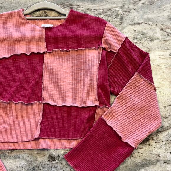 Le Lis Boutique Pink Color Block Patchwork Cropped Long Sleeve Top Small - Picture 2 of 3
